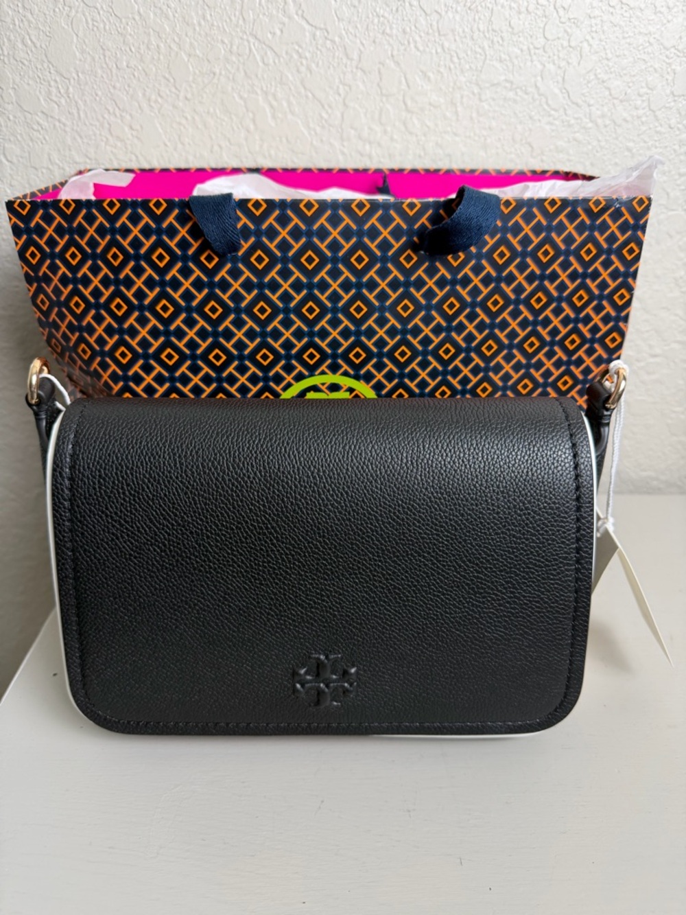 Tory Burch Black Pebbled Leather Flap Crossbody